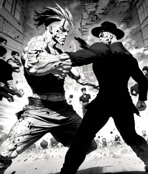 boichi manga style, greyscale monochrome, medium shot, full body, 1boy, blood, solo, blood on face, motion blur, hatching \(texture\), injury, veins, scar, ((masterpiece)), <lora:boichi_manga_style_offset:1>, serious intimidating face, fighting stance, dramatic pose