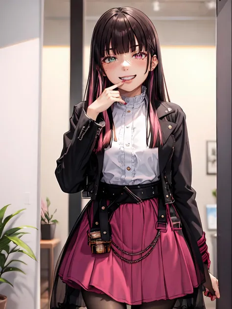 (extremely detailed CG), (best quality), 1girl, perfect face, shiny skin, lustrous skin, wide hips,narrow waist, <lora:BerobaGeats-10:0.8>berobageats, long hair, black hair, bangs, skirt, jacket, pantyhose, multicolored hair, shirt, blunt bangs, pink skirt, jewelry, white shirt, heterochromia, mole, belt, boots, nail polish, long sleeves,indoors,sadistic grin, evil, shaded face,