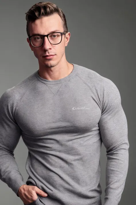 <lora:BitLife-DocStasis:0.8>, man wearing glasses and a fitted grey sweater