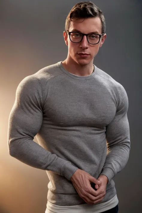 (Photorealistic photography, highres ,best quality, masterpiece:1.2), Jonas posing, young and handsome, wearing glasses, shirtless, detailed facial features, detailed eyes, detailed hands, stylish hair, no facial hair, slim athletic physique, no body hair, simple background