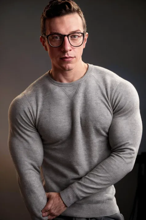 <lora:BitLife-DocStasis:0.8>, man posing against a wall wearing glasses and a fitted grey crewneck sweater, soft diffused lighting, photo by Rick Day, professional studio lighting, (goofy expression:0.5)