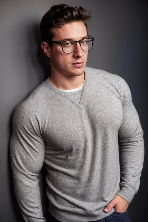 <lora:BitLife-DocStasis:0.8>, man posing against a wall wearing glasses and a grey crewneck sweater, soft diffused lighting, photo by Rick Day, professional studio lighting, (goofy expression:0.5)