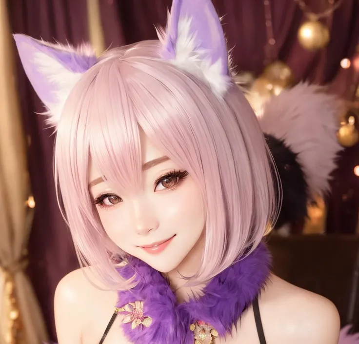 Masterpiece, absurdres, fine detail, HDR, highly detailed face and eyes, photorealistic,smiling, <lora:dgrbst:0.75>,dgrbst, animal ears, a woman in a costume is posing for a picture , wearing dgrbst