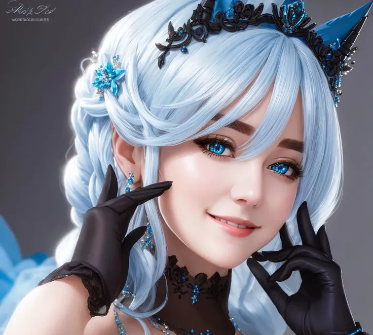 Masterpiece, absurdres, fine detail, HDR, highly detailed face and eyes, photorealistic, smiling, royal_icing, a woman in a blue dress and black gloves , wearing royal_icing <lora:royal_icing+:0.75>