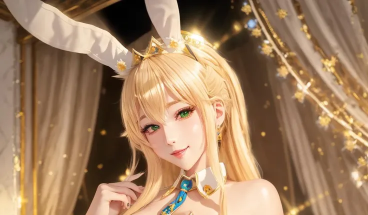 Masterpiece, absurdres, fine detail, HDR, highly detailed face and eyes, photorealistic, smiling, kingbunny, bunny ears, fishnet stockings, pantyhose, high heels,blonde hair, green eyes, detached collar, necktie, clothing cutout, white top , chic background, a woman wearing kingbunny, <lora:king_bunny1:0.7>