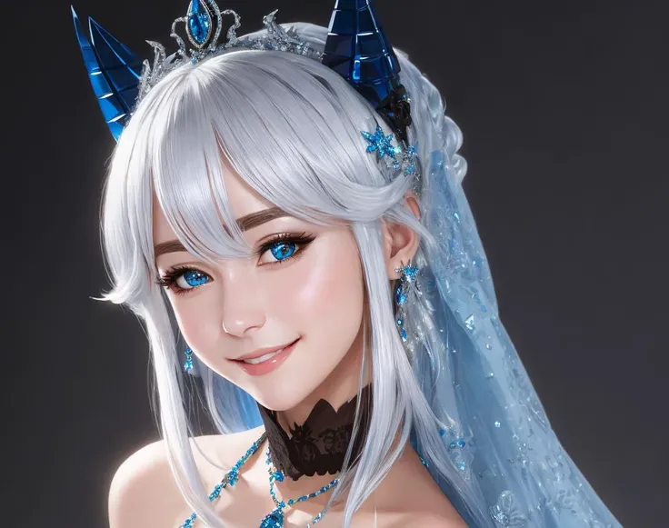 Masterpiece, absurdres, fine detail, HDR, highly detailed face and eyes, photorealistic, smiling, royal_icing, a woman in a blue dress and black gloves , wearing royal_icing <lora:royal_icing+:0.75>