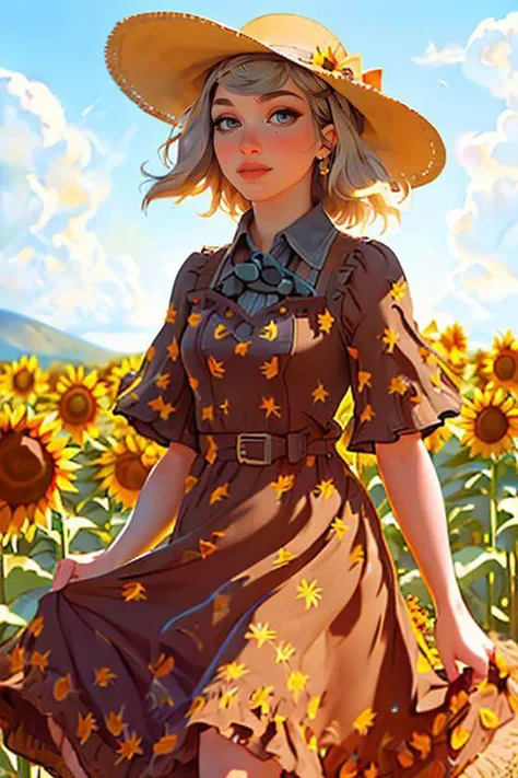DEN_veron_steamgirl,
(walking through a field of sunflowers wearing a (summer dress:1.3) and sun hat, field, sunflowers, summer, scenic:1.2),
bokeh, f1.4, 40mm, photorealistic, raw, 8k, textured skin, skin pores, intricate details <lora:epi_noiseoffset2:1>, epiCRealism <lora:ClothingAdjuster3:-1>