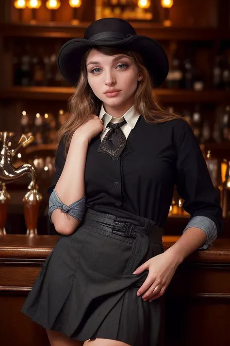 DEN_veron_steamgirl,
(working in a dark atmospheric bar, working behind the bar, pulling pints, bar, dark wood bar, atmospheric, wearing a shirt and tie and skirt:1.2),
bokeh, f1.4, 40mm, photorealistic, raw, 8k, textured skin, skin pores, intricate details <lora:epi_noiseoffset2:1>, epiCRealism <lora:ClothingAdjuster3:-1>