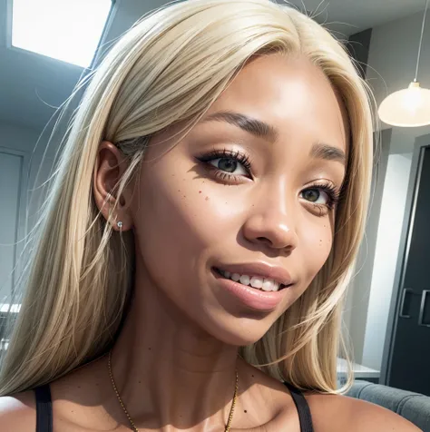 p1nkyd0ll, a( dark skinned:1) woman WITH BLONDE HAIR smiling, detailed face, portrait <lora:p1nkyd0ll:0.8> <lora:add_detail:0.5>