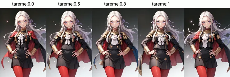 (masterpiece, best quality), intricate details,
1girl, <lora:Edelgard-03:0.8> edelgard, 1girl, long hair, purple eyes, solo, looking at viewer, cape, hair ornament, ribbon, uniform, simple background, hand on hip, standing, red pantyhose, garreg mach monastery uniform,
<lora:tareme:0.0> tareme tareme,
