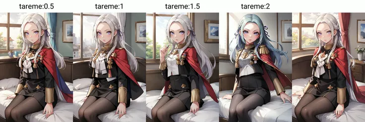(masterpiece, best quality), intricate details,
1girl, <lora:Edelgard-03:0.8> edelgard, 1girl, long hair, purple eyes, solo, looking at viewer, cape, hair ornament, ribbon, uniform, red pantyhose, garreg mach monastery uniform,
indoors, japanese room, bed,
<lora:tareme:0.5> tareme tareme,