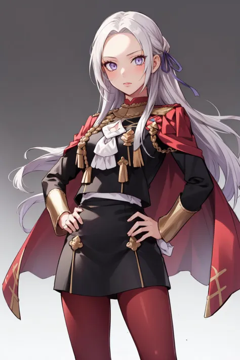 (masterpiece, best quality),  intricate details,
1girl,    <lora:Edelgard-03:0.8> edelgard, 1girl, long hair, purple eyes, solo, looking at viewer, cape, hair ornament, ribbon, uniform, simple background, hand on hip, standing, red pantyhose, garreg mach monastery uniform,