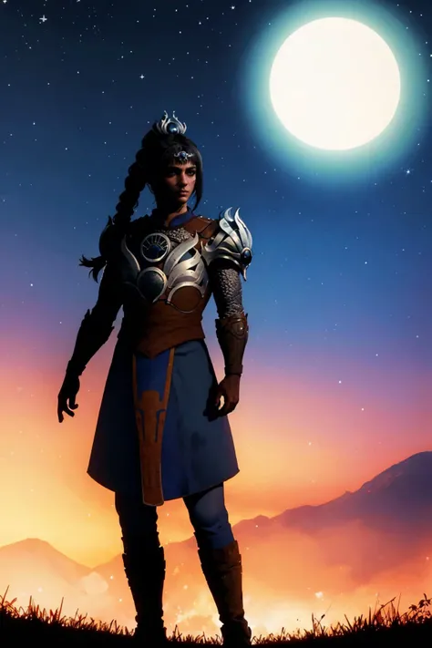 masterpiece, best quality, <lora:style shadow:1> silhouette, shadow, <lora:shadowheart:0.9> shadowheart, pointy ears, braid, ponytail, hair ornament, scar, bangs, armor, shoulder armor, breastplate, pauldron, outdoors, night sky, moon,