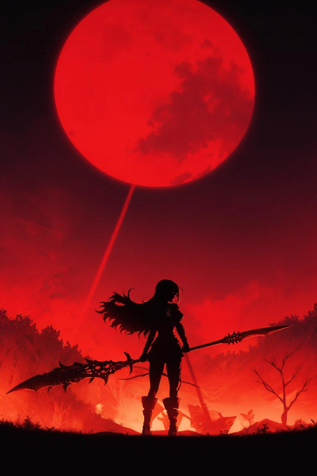 <lora:style shadow:1> ,1girl, silhouette, weapon, long hair, solo, moon, spear, gae bolg (fate), tree, polearm, red theme, full moon, sky, night, bare tree, from behind, holding, star (sky)