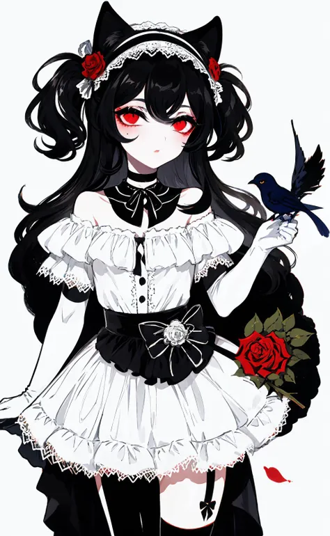 sumikakushi,limited palette,
1girl, animal ears, cat ears, red eyes, dress, bare shoulders, thighhighs, solo, black hair, garter straps, white background, hairband,  gloves, rose, elbow gloves, crescent, choker, flower, off shoulder, hair between eyes, black gloves, long hair, cowboy shot, red flower, looking at viewer, black thighhighs, standing, twintails, bird, hand up, simple background, red rose, off-shoulder dress, black choker, frilled hairband, bangs
<lora:sumikakushi:1>