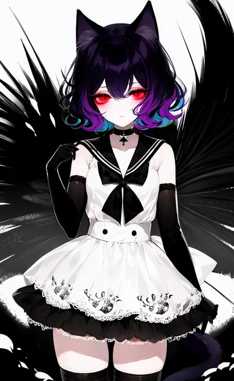 sumikakushi,limited palette,
1girl,  solo, cat ears, animal ears, thighhighs, red eyes, black hair, cat tail, black gloves, elbow gloves, tail,thighs, gloves, black choker, black thighhighs, choker, dress, short hair, white background, crescent, looking at viewer, black dress, bug, white bowtie, hand up, multicolored hair, bare shoulders, sailor collar, zettai ryouiki, white bow, butterfly, eyelashes, feet out of frame, hair between eyes, purple hair, gradient hair, standing, bangs, cowboy shot, short dress, petticoat
<lora:sumikakushi:1>