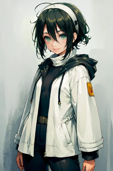<lora:ishikeiV71:1>, ultra detailed, masterpiece, best quality,, ultra detailed, masterpiece, best quality, solo, smile, 1boy, green eyes, short hair, black hair, bangs, hair between eyes, messy hair, goggles on head,, headband, white coat, hooded coat, hood down, open coat, turtleneck, capri pants, pants, black knee boots,