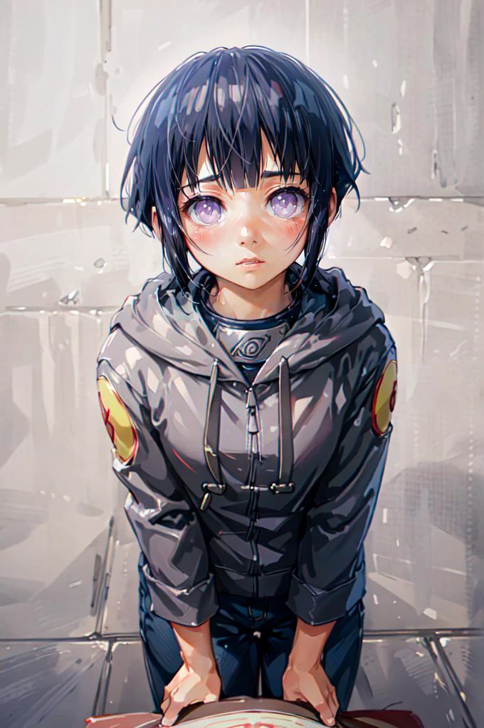 solo, shy, blush, looking down, pov, facing viewer, <lora:hinata_hyuuga:0.75> hinata_hyuuga, white eyes, no pupils, short hair, blue hair, blunt bangs, sidelocks, hoodie, forehead protector, jacket, blue pants, <lora:ishikeiV71:0.8>, absurdres, ultra detailed, masterpiece, best quality, aesthetic, detailed,