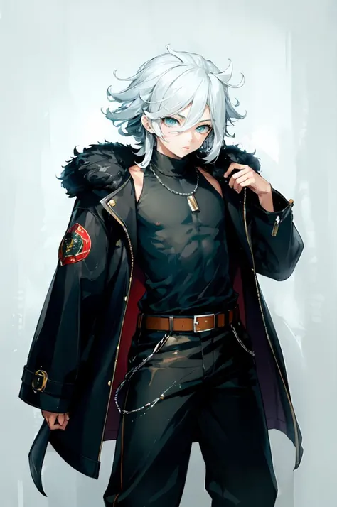 <lora:ishikeiV71:1>, ultra detailed, masterpiece, best quality,, solo, 1boy, teal eyes, <lora:Tsurime3:1>, (tsurime:1.2), parted bangs, white hair, medium hair, straight hair, shoulder-length hair, male focus,, coat, shirt, pants, studded belt, multiple belts, combat boots, torn clothes, necklace, black coat, black and green theme,