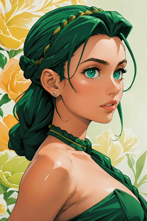 ((((((1Young woman))),the anime, ( Green eyes), (black hair), Nice face, ssmile, the perfect body, Wavy Hair, hairlong, (((morena))), big breastes, ((tmasterpiece, beste-Qualit)), illustartion, ультра детализированная 8k, Photorealistic, sharp-focus, higly detailed, Professional lighting, September 1, Knowledge Day, school, Accompany children to school, bunch of flowers, teacher