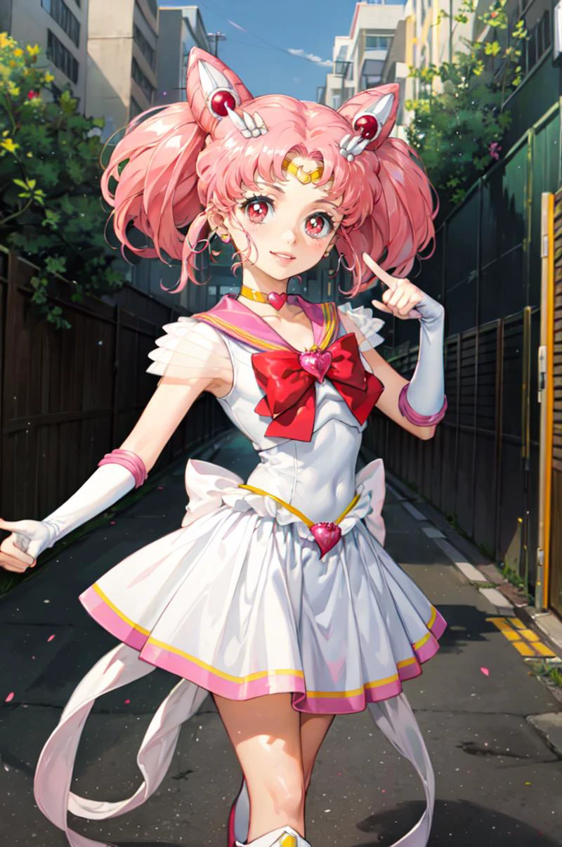 solo, outdoors, smile, pose, hand up, pointing at viewer, <lora:Chibiusa:0.9> 1girl, pink hair, twintails, cone hair bun, double bun, red eyes, earrings, hair ornament, tiara, red bow, heart brooch, back bow, bow, brooch, choker, elbow gloves, heart choker, magical girl, multicolored clothes, multicolored pleated skirt, pink sailor collar, sailor senshi uniform, yellow choker, knee boots, <lora:ishikeiV71:0.7>, absurdres, ultra detailed, masterpiece, best quality, aesthetic, detailed,