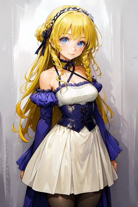 <lora:ishikeiV71:1>, ultra detailed, masterpiece, best quality,, solo, soft smile, light smile,
1girl, blue eyes, very long hair, blonde hair, long blonde hair, french braid, bangs, medium breasts,, hair ribbon, frilled choker, criss-cross halter, sleeveless dress, high-waist skirt, backless dress, waist bow, detached sleeves, frilled sleeves, wide sleeves, pantyhose, patterned legwear, mary janes,