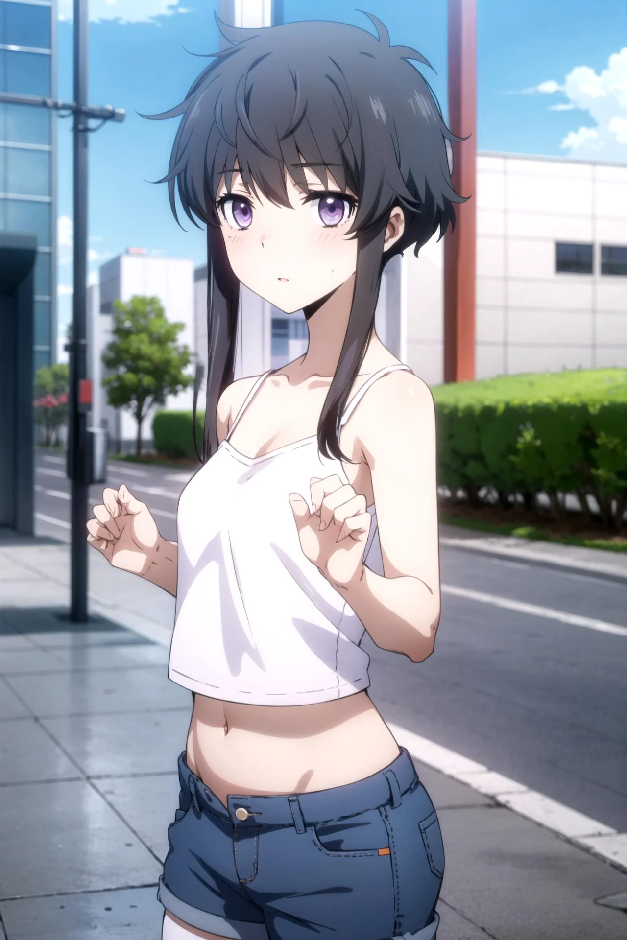 1girl, solo, masterpiece, best quality,
<lora:shizuku-mahouka:0.8>,
mahouka koukou no rettousei, kitayama shizuku, shizuku kitayama, purple eyes, jitome, black hair, short hair, messy hair, short hair with long locks, sidelocks, camisole, (white camisole:1.2), crop top, skindentation, collarbone, bare arms, small breasts, midriff, navel, shorts, denim shorts, thighhighs,
heart hands,
cowboy shot, looking at viewer,
blush, nose blush, nervous,
outdoors, city