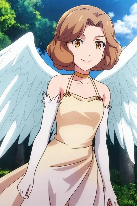 iris, anime_art_style, 1girl, solo, looking_at_viewer, smile, short_hair, brown_hair, dress, bare_shoulders, brown_eyes, detached_sleeves, wings, choker, feathered_wings, angel_wings, white_wings, yellow_dress