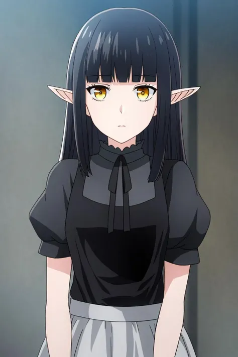 A girl with long black hair and yellow eyes in a black shirt - SeaArt AI
