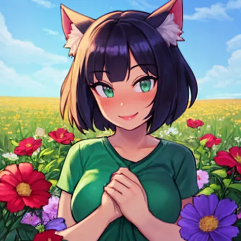 cat_ears, wariza, in a field of flowers, mature solo 1girl, short hair, seductive smile <lyco:JSC-WamudrawsStyle-v0-1:0.8> wamudraws_style,