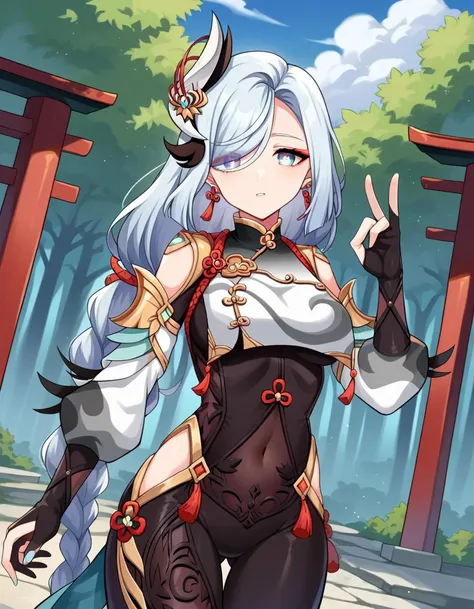 score_9, score_8_up, score_7_up, source_anime,
shenhe, <lora:genshin-shenhe-ponyxl-lora-nochekaiser:1>,
shenhe, blue eyes, braided ponytail, earrings, eyelashes, eyeliner, eyes visible through hair, eyeshadow, hair between eyes, makeup, red eyeshadow, sidelocks, single earring, symbol-shaped pupils, tassel, tassel earrings, white hair, long hair,
arm support, bare shoulders, black bodysuit, black gloves, bodysuit, breast curtain, chinese knot, clothing cutout, covered navel, detached sleeves,gloves, gold trim, hip vent, jewelry, long sleeves, partially fingerless gloves, puffy detached sleeves, puffy long sleeves, puffy sleeves, shoulder cutout, side cutout, stomach cutout, thigh cutout, white sleeves,
outdoors, shrine, forest, nature,
looking at viewer, cowboy shot, dutch angle, dynamic pose,