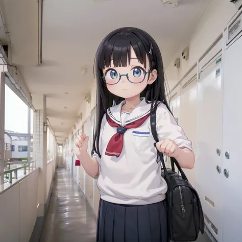 best quality, ultra-detailed, illustration,
rouka, hallway, door, ceiling light,
1girl, solo, glasses, black hair, long hair, blush, looking at viewer, standing, school uniform, school bag,
<lora:apartmenthallway_SD15_V1:1>