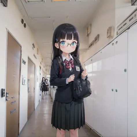 best quality, ultra-detailed, illustration,
rouka, hallway, door, ceiling light,
1girl, solo, glasses, black hair, long hair, blush, looking at viewer, standing, school uniform, school bag,
<lora:apartmenthallway_SD15_V1:1>