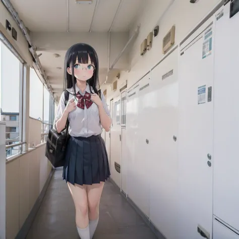 best quality, ultra-detailed, illustration,
rouka, hallway, door, ceiling light,
1girl, solo, glasses, black hair, long hair, blush, looking at viewer, standing, school uniform, school bag,
<lora:apartmenthallway_SD15_V1:1>