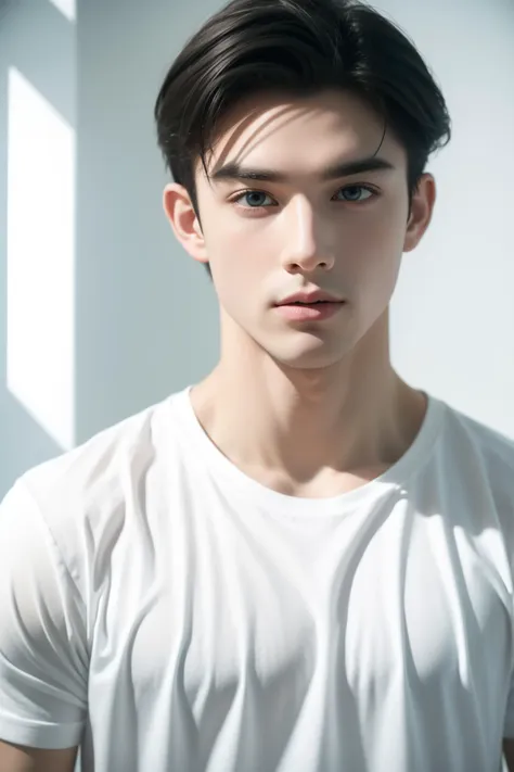 a handsome muscular young man, pale white skin, white t-shirt, extreme close-up,
Brightly Lit,Highly Visible,realistic dark colors,
Analog Style,Kodak Max 400 Film,
20mm f/1.8 lens,Wide Angle Shot,
Symmetrical Composition,
Whimsical yet Numb,
Quirky Character Designs,
Dollhouse Aesthetics,dark background,<lora:spotlight:0.1>,silhouette,spotlight,dark theme,