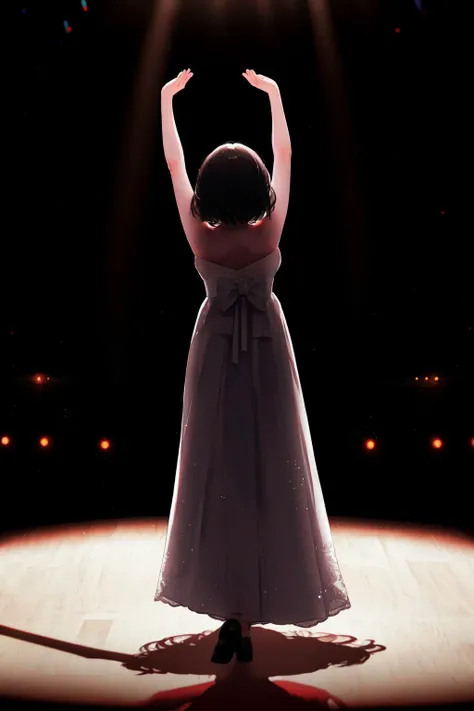 masterpiece, best quality, highres, 1girl, spotlight, shadow, stage <lora:spotlight:1> arms up, from behind, white dress