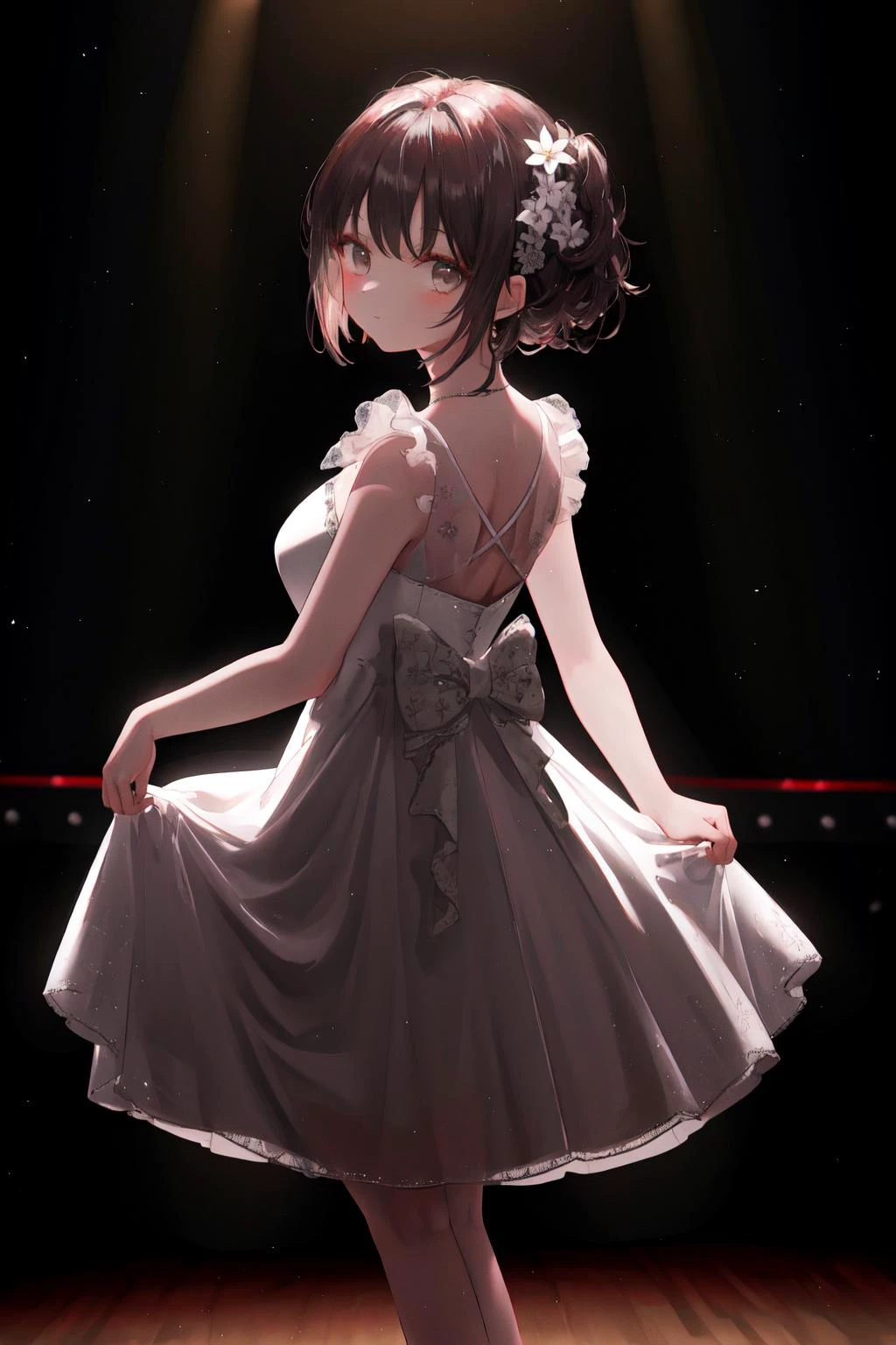 masterpiece, best quality, highres, 1girl white dress, dress lift, looking at viewer, spotlight, backlighting, stage <lora:spotlight:1>