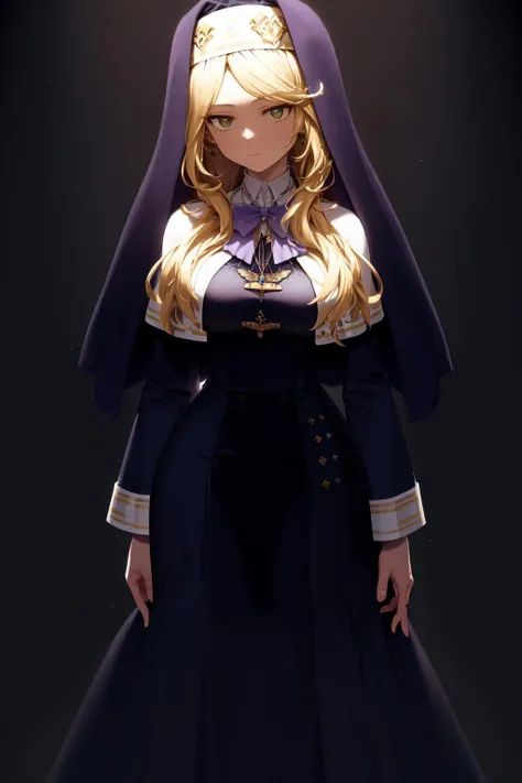 masterpiece, best quality, highres, 1girl sharon holygrail, nun capelet blue dress long sleeves long skirt blue skirt necklace earrings purple bowtie <lora:sharon_holygrail:1> (hand on own chest:1.2)