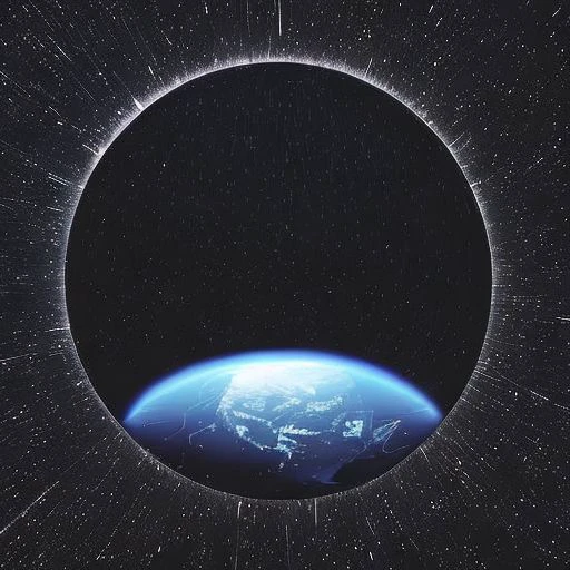 Planet earth with hands holding it in space from far away wild angle dark black sky shadow