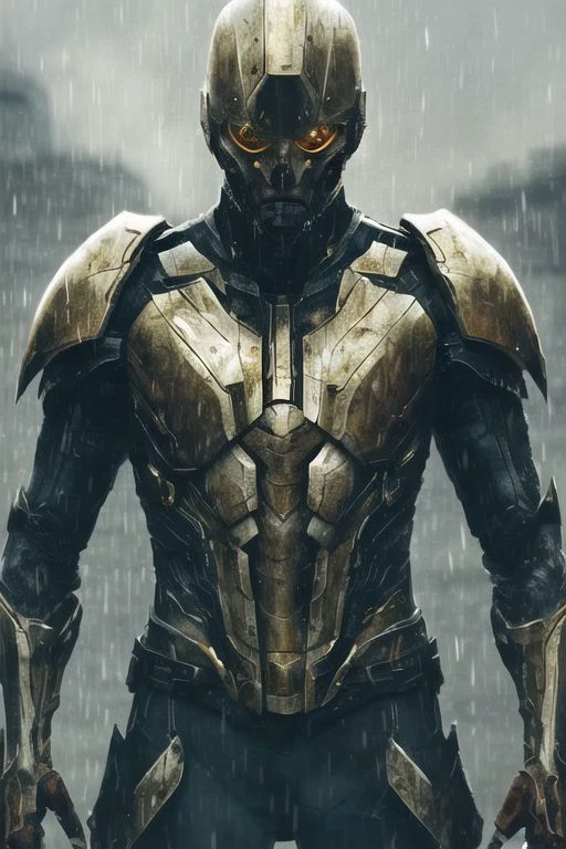 rain:1.3, fighting pose, sweaty skin, wearing ripped clothing, ray tracing, fascinating, short beard, shimmering, digital, white orange armor, cgi animation, gold eyes, shining eyes