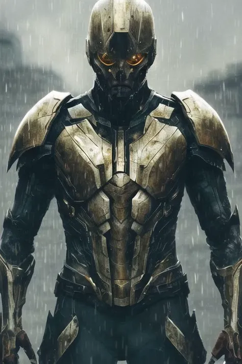 rain:1.3, fighting pose, sweaty skin, wearing ripped clothing, ray tracing, fascinating, short beard, shimmering, digital, white orange armor, cgi animation, gold eyes, shining eyes