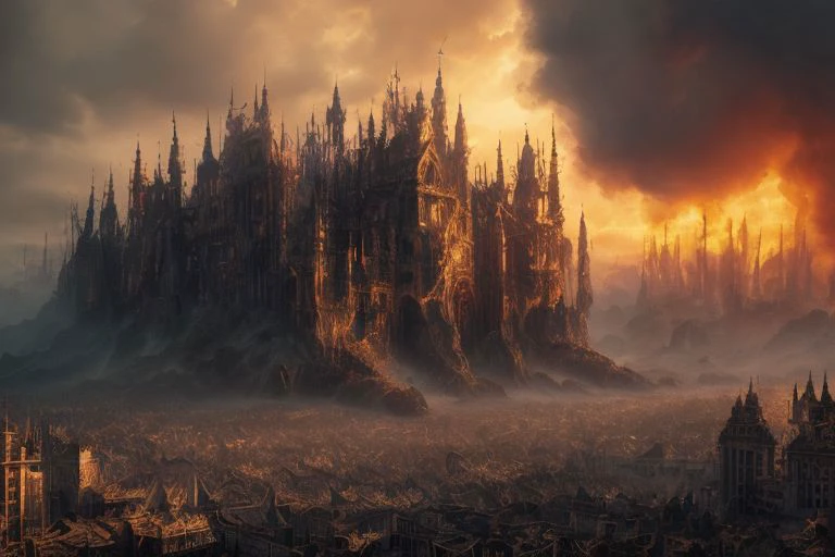 8k, high definition, film pattern, demons attack humans y the dark city fire
