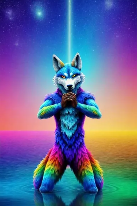 featuring mythical creatures, wolf fursuit, stunning gradient colors, style-paintmagic, dreamlikeart, open legs, egypt futuristic, warm hue, rainbow clothes, small lake with island