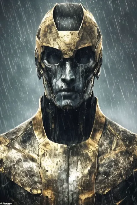 rain:1.3, fighting pose, sweaty skin, wearing ripped clothing, ray tracing, fascinating, short beard, shimmering, digital, white orange armor, cgi animation, gold eyes, shining eyes