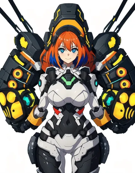 1girl, battleframe, bright eyes, bright hair, happy smile, huge brests, solo, backpack, thick body, cowboy shot, <lora:battleframe-000002:0.6>