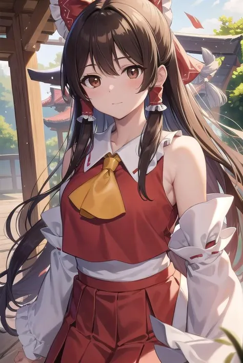 reimuhakurei, <lyco:reimuhakurei-lyco-nochekaiser:1>,
reimu hakurei, (brown eyes:1.5), brown hair, bow, hair bow, hair tubes, long hair, red bow, sidelocks,
BREAK ascot, bare shoulders, black footwear, detached sleeves, embellished costume, frills, japanese clothes, nontraditional miko, red skirt, sandals, sarashi, skirt, socks, white sleeves, white socks, wide sleeves, yellow ascot, zouri,
BREAK looking at viewer,
BREAK outdoors, shrine,
BREAK <lyco:GoodHands-beta2:1>, (masterpiece:1.2), best quality, high resolution, unity 8k wallpaper, (illustration:0.8), (beautiful detailed eyes:1.6), extremely detailed face, perfect lighting, extremely detailed CG, (perfect hands, perfect anatomy),