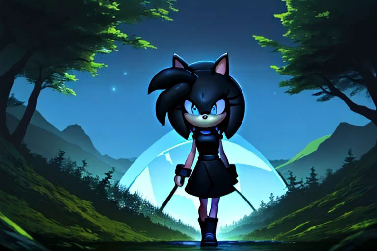 best quality, detailed character, detailed background, high resolution, the background is a lake in a forest, the character is a female and looks like Amy Rose but her hair is black instead of pink, her fur is black, she is a blue shirt