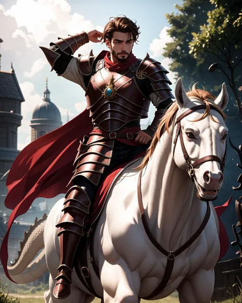 ((masterpiece), best quality, high quality, professional quality, highly detailed, highres, perfect lighting, natural lighting), (1boy, muscular, handsome, facial hair, short hair, brown hair), wearing armor, riding a dragon, outdoors