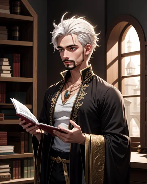 ((masterpiece), best quality, high quality, professional quality, highly detailed, highres, perfect lighting, natural lighting), (1boy, muscular, handsome, facial hair, short hair, white hair), wearing fantasy clothing, casting a spell, in a fantasy town