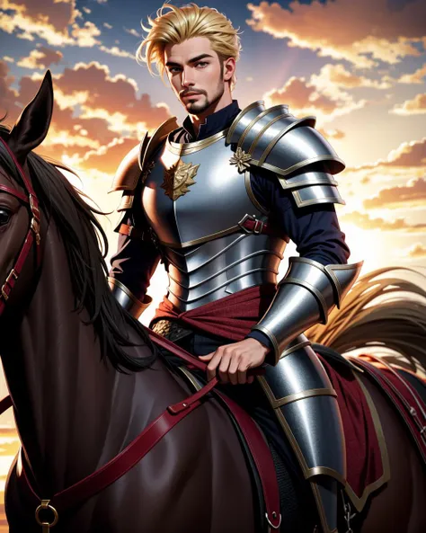 ((masterpiece), best quality, high quality, professional quality, highly detailed, highres, perfect lighting, natural lighting), (1boy, muscular, handsome, facial hair, short hair, blonde hair), wearing armor, riding a horse, outdoors